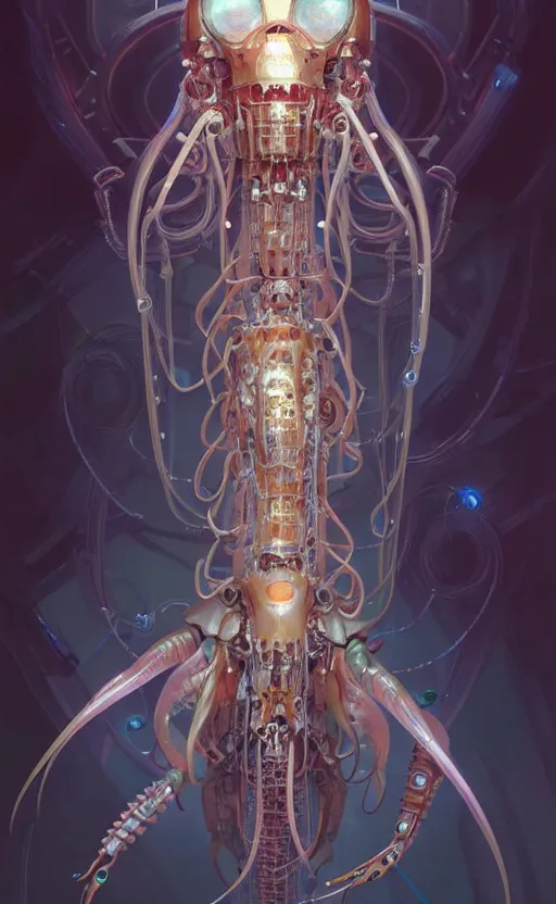 Prompt: Cyborg biomechanical jellyfish mantis, sci-fi, highly detailed, digital painting, artstation, concept art, smooth, sharp focus, illustration, art by artgerm and greg rutkowski and alphonse mucha