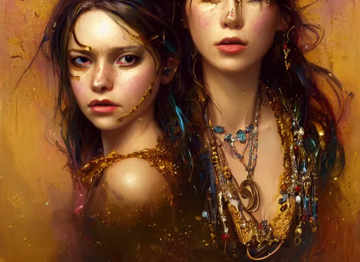 Image similar to full body picture of a pirate girl, hard breathing, messy hair, very excited, sparkling eyes, front of the treasure box, jewels and gold on the background, coveted, beautiful and aesthetic and attractive and detailed face, specular reflection, occlusion shadow, intricate, bokeh, masterpiece, by ilya kuvshinov and jeremy lipking and quentin mabille