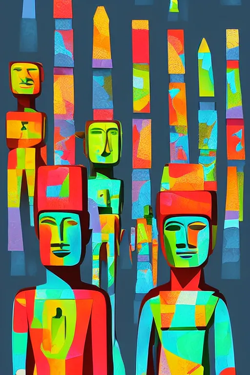 Image similar to cubist moai statue cutout digital illustration cartoon colorful beeple