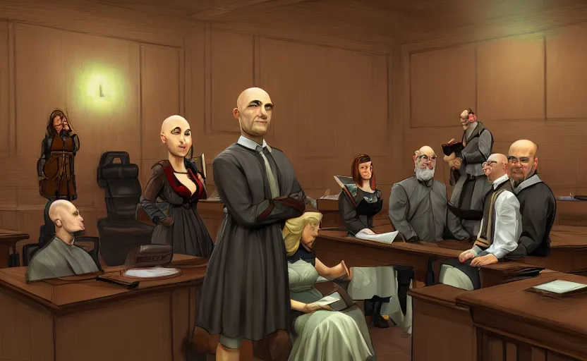 Image similar to courtroom, trial of a bald man! in a skirt! and black stockings!!, no blur, 4 k resolution, ultra detailed, style of marc simonetti, tyler edlin, deviantart