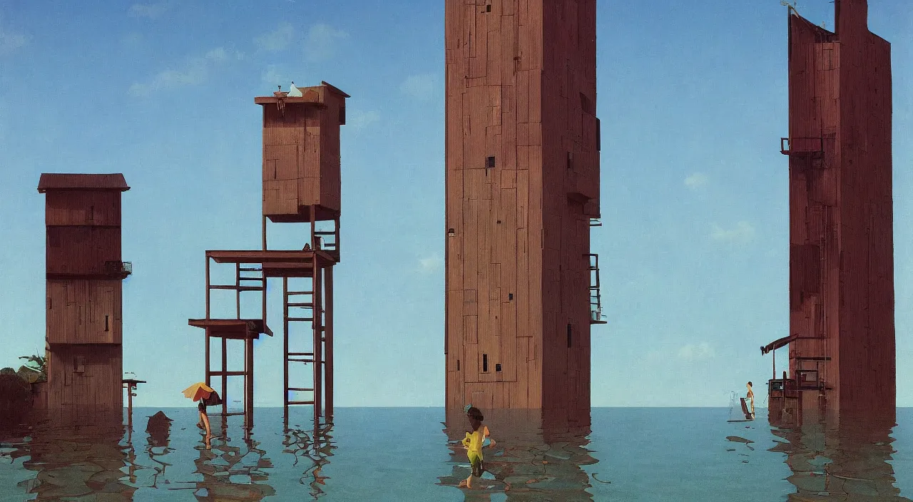 Prompt: single flooded simple wooden tall! tower, very coherent and colorful high contrast!! masterpiece by rene magritte simon stalenhag carl spitzweg syd mead norman rockwell edward hopper james gilleard, minimalist, dark shadows, sunny day, hard lighting