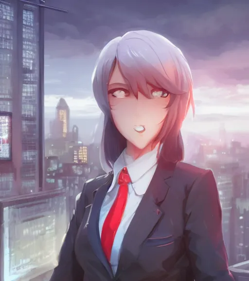 Image similar to a girl in a business suit, close up, sharp focus, red necktie, grey hair, happy expression, full body shot, pixiv, city background, digital painting, by tran ross and jordan grimmer and greg rutkowski, anime art, artstation, hd, smooth,