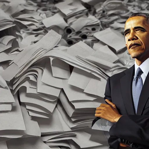 Image similar to obama nervously standing by a mountain of papers, realistic extremely detailed photo style painting, granular detail, holographic krypton ion, octane render, 4 k, f 3 2, 5 5 mm photography, wide angle