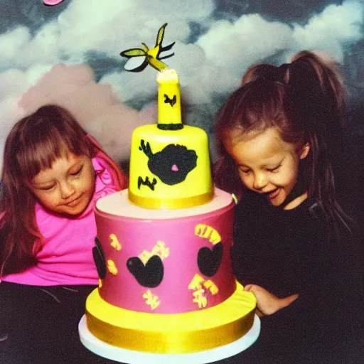 Image similar to dark angel throwing a yellow - pink - black birthday cake from the clouds onto a girl with two dogs, kodak film