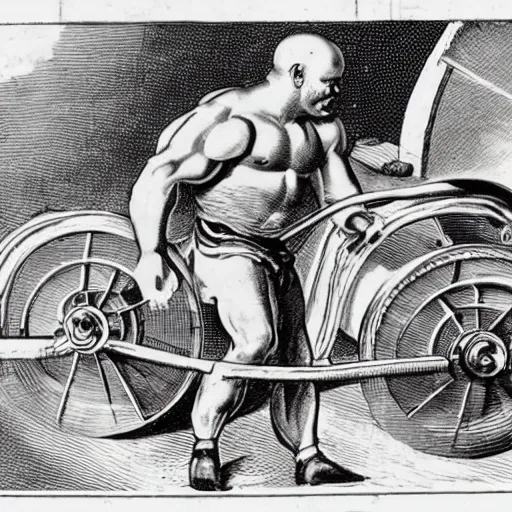 Prompt: a muscular bald man carrying engines on his back, technical diagram