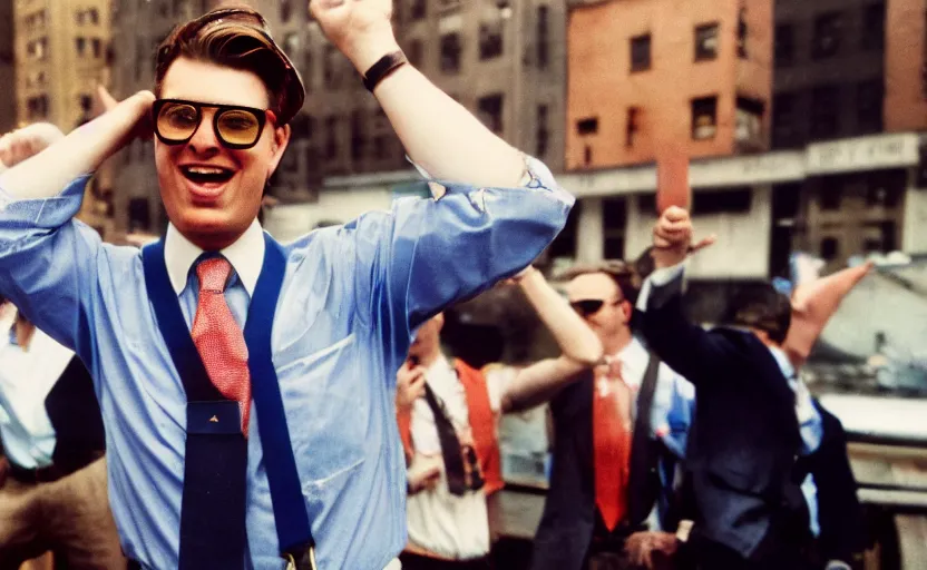 Prompt: color photo of a photomodel handsome wall street banker cheering. money in the air. arms up. wearing suspenders. wearing aviator glasses in his office. new york city in the background. 8 0's style
