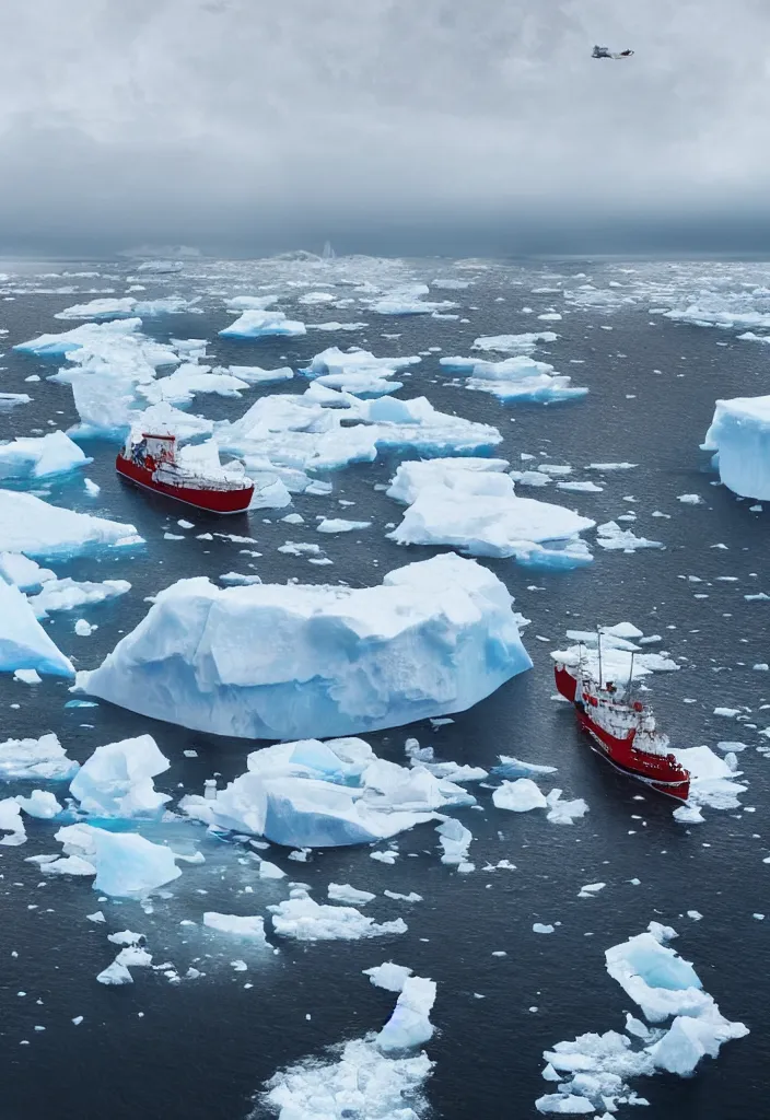 Image similar to ship being persecuted by a police ship over raging turbulent waters in antartica, icebergs in the background, hyper realistic, highly detailed, apocalyptic, intimidating lighting, raytracing, sharp focus, smooth