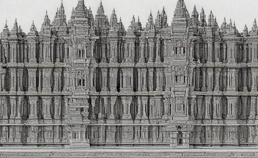 Prompt: sri lankan temple complex designed by borges, library of babel