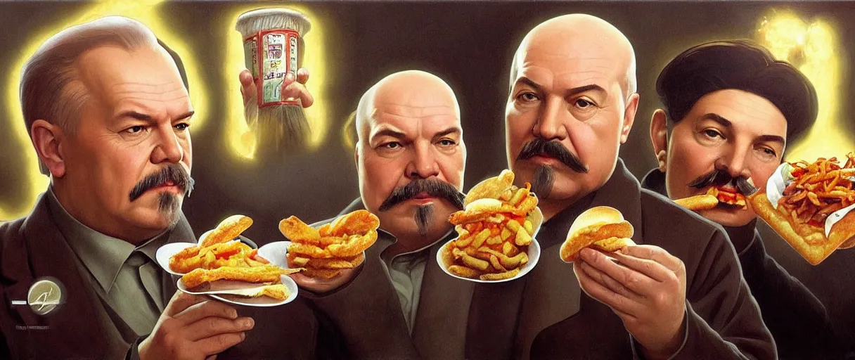 Image similar to portrait of lenin and stalin eating hamburgers, extra onions and ketchup, luscious patty with sesame seeds, ethereal, holy sacred light rays, handsome, D&D, fantasy, intricate, elegant, highly detailed, digital painting, artstation, concept art, matte, sharp focus, illustration, art by Artgerm and Greg Rutkowski and Alphonse Mucha