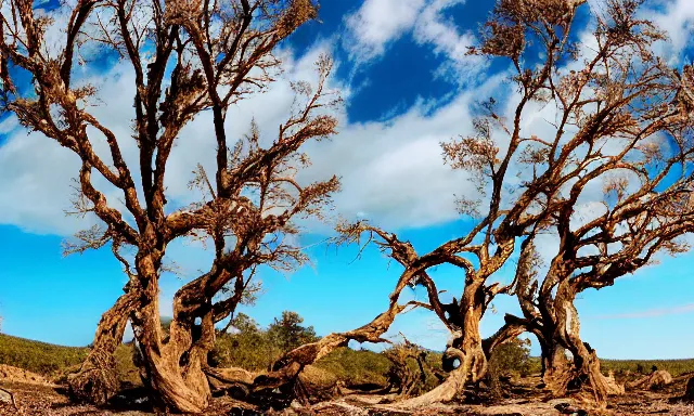 Prompt: beautiful panorama of many magnificent big upside-down raindrops in a perfect cloudless blue sky above a dried up river, desolate land, dead trees, blue sky, hot and sunny highly-detailed, elegant, dramatic lighting, artstation, 4k, cinematic landscape, masterpiece photograph by Elisabeth Gadd