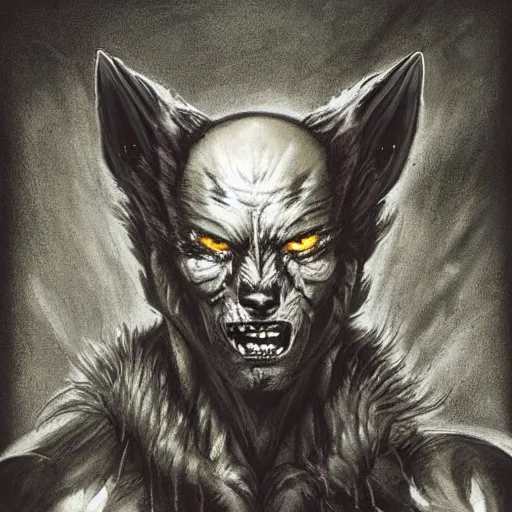 Image similar to werewolf lycanthrope grinning razorpunk vile reprobate jason statham ripped physique portrait Wolfman Wolfman Fenrir with tombow jonas de ro odd nerdrum greg rutkowski frank frazetta alexandre briclot Dave Dorman splatterpaint