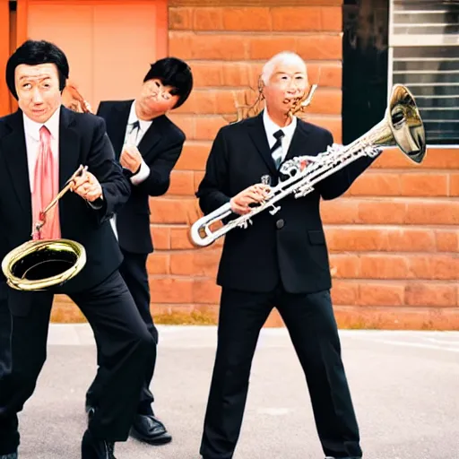 Image similar to middle aged japanese man in a suit and tie playing the trumpet in a ska band