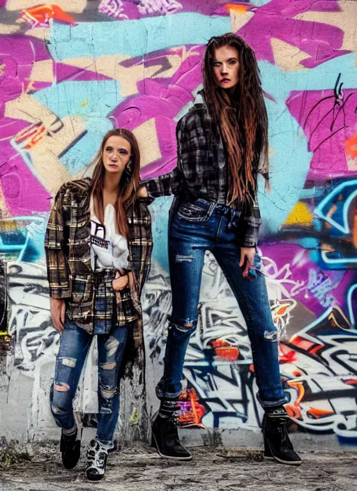 Prompt: a 'grunge' fashion shoot with models in plaid and ripped jeans posing in front of a graffiti-covered wall