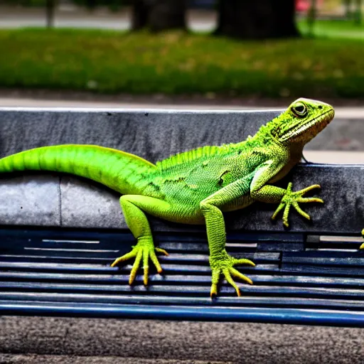 Prompt: a lizard in a trenchcoat reading the newspaper while sitting on a bench in the city park