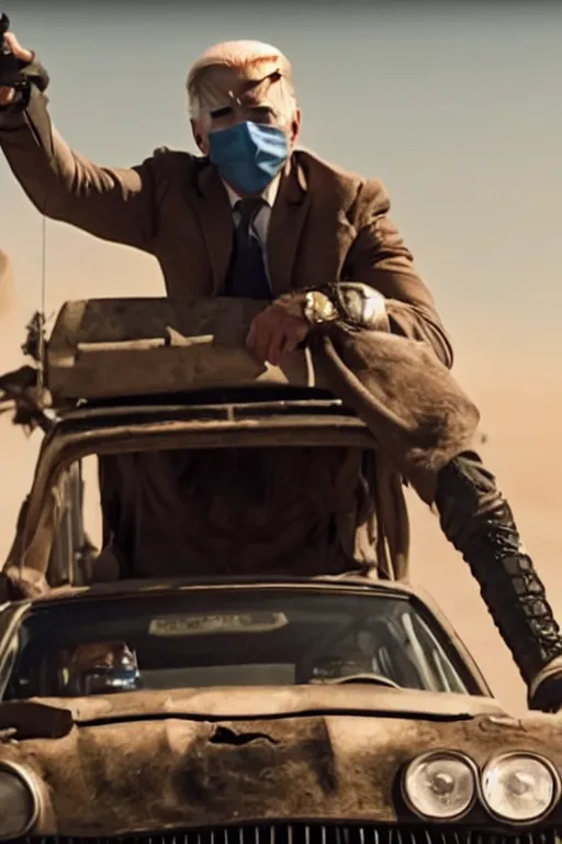 Image similar to [a still of Joe Biden in the movie Mad Max (2015), 4k, HD, high quality, octane]