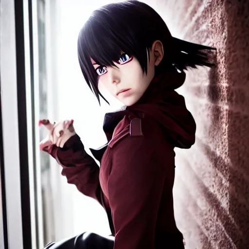 Image similar to model photoshoot of mikasa ackerman from the anime'shingeki no kyojin ', 3 5 mm lens, 4 k / 8 k, award - winning