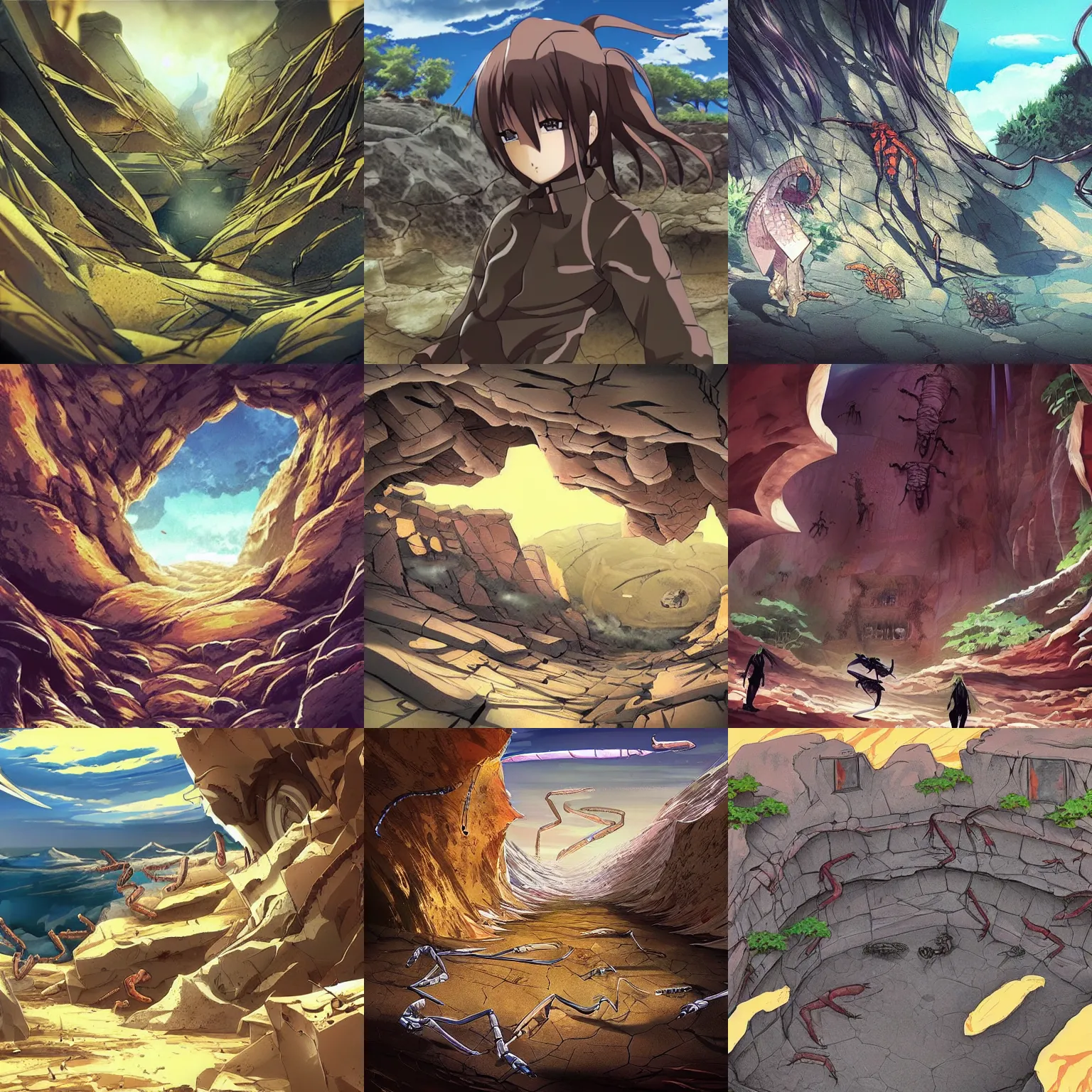 Prompt: “a sandstone pit with many scorpions inside, menacing, anime key visual”