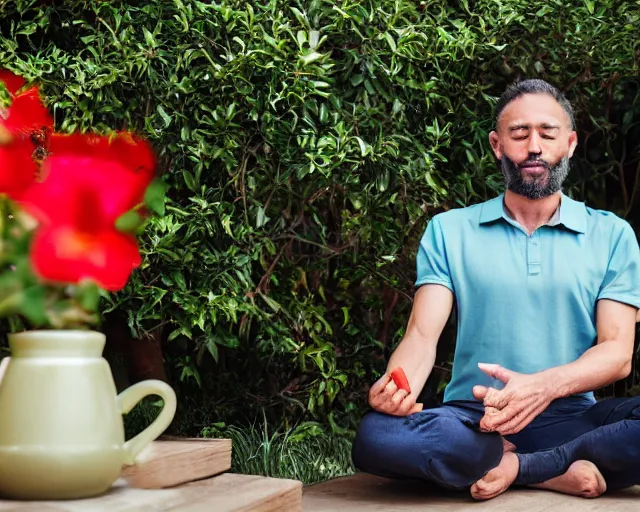 Image similar to mr robert is drinking fresh tea, smoke pot and meditate in a garden from spiral mug, detailed smiled face, muscular hands, golden hour closeup photo, red elegant shirt, eyes wide open, ymmm and that smell