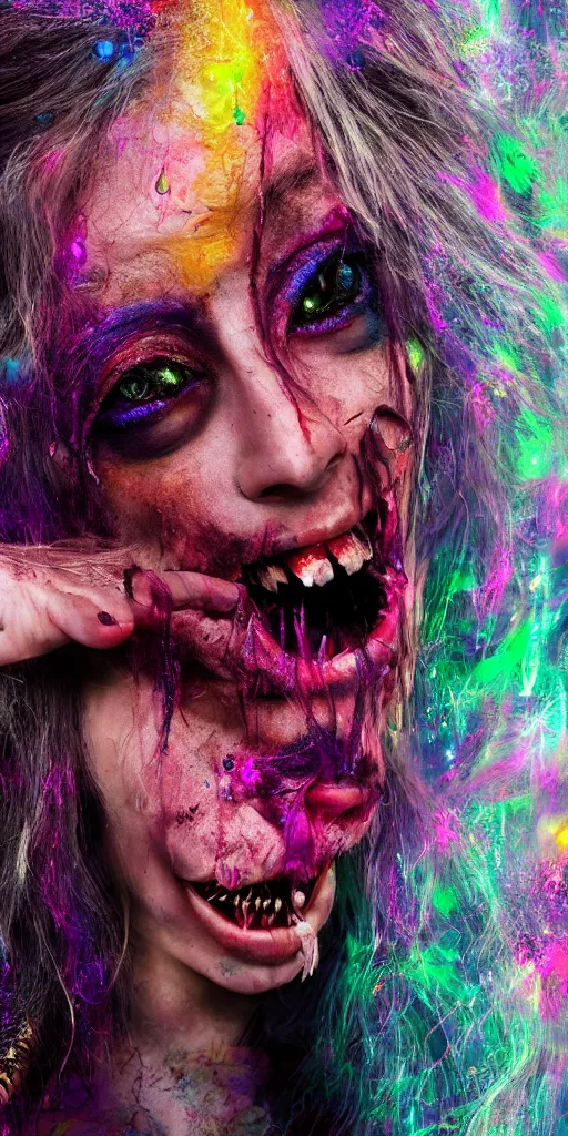 Image similar to impossibly beautiful vampire with large vampire fangs, magic, hypnosis, full body, intricate complexity, horror, psychedelic glitch art, rainbow drip paint, trending on art station, photoreal, 8k, octane render