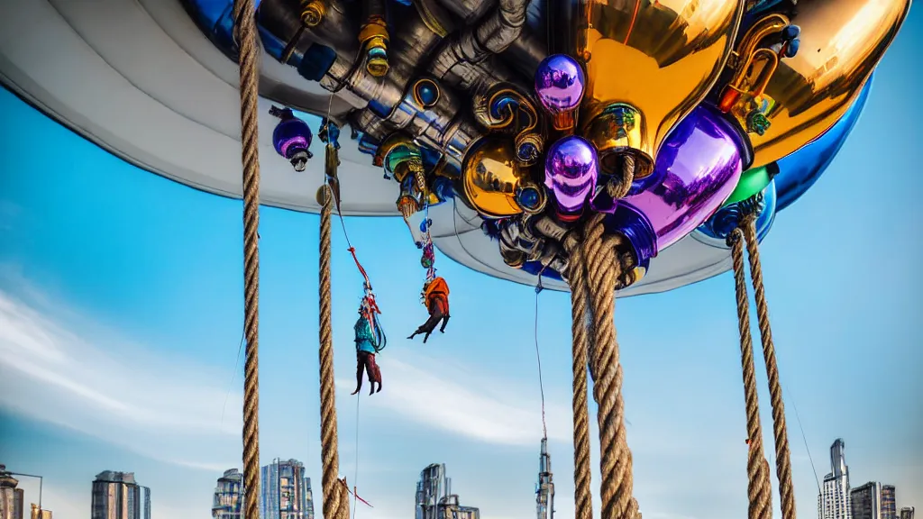 Prompt: large colorful futuristic space age metallic steampunk balloons with pipework and electrical wiring around the outside, and people on rope swings underneath, flying high over the beautiful futuristic city landscape, professional photography, 8 0 mm telephoto lens, realistic, detailed, photorealistic, photo journalism