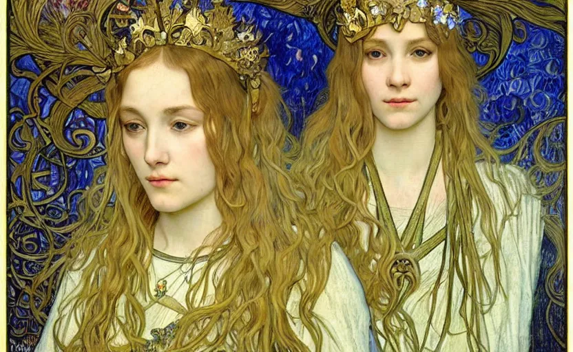 Image similar to detailed realistic beautiful young medieval queen face portrait by jean delville, alphonse mucha, vincent van gogh, and marco mazzoni, art nouveau, symbolist, visionary, gothic, pre - raphaelite