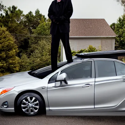 Image similar to larry david standing on top of prius, gothic portrait