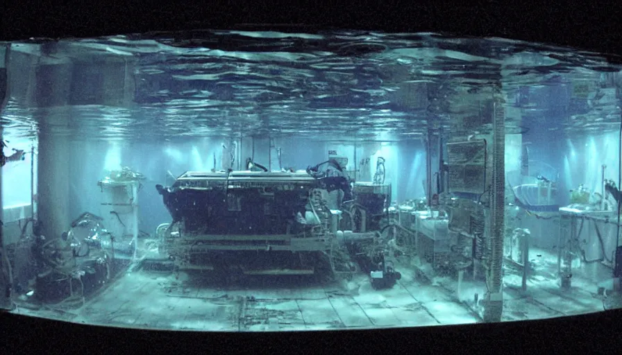 Image similar to Big budget horror movie, exterior view of an underwater biolab, deep in the ocean, dark and gloomy