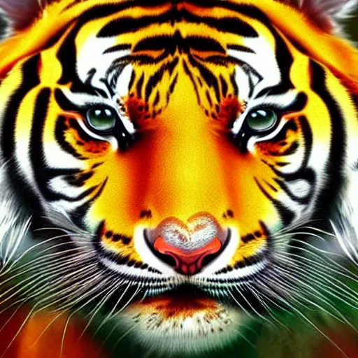 Prompt: a tiger with the face of an insect, extreme detail, digital art, mist