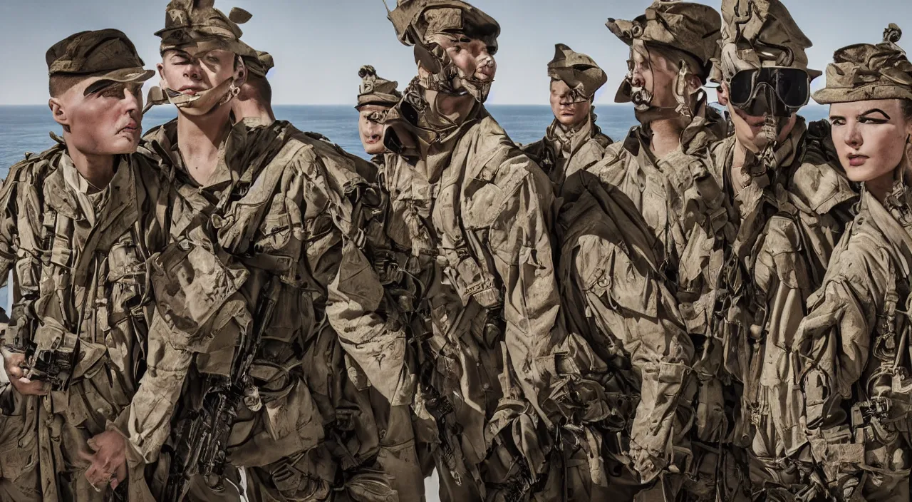 Image similar to us marines portrait, on aircraft carrier, highly detailed, fashion editorial, by jimmy nelson