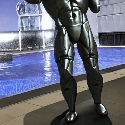 Image similar to a realistic detailed photo of a guy who is an attractive humanoid who is half robot and half humanoid, who is a male android, wrestler jack swagger, shiny skin, posing like a statue, blank stare, by the pool, on display, showing off his muscles, humanoid robot, frozen ice statue