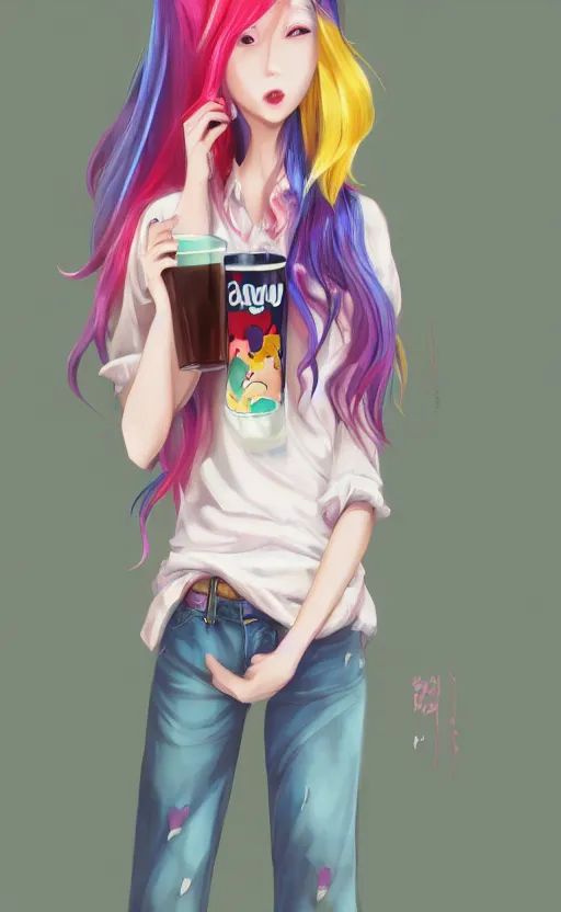 Image similar to a kawaii woman with rainbow hair, happy, summer time, holding boba tea drink, soft eyes and narrow chin, dainty figure, long hair straight down, kawaii shirt and jeans, basic white background, In style of by Jordan Grimmer and greg rutkowski, crisp lines and color