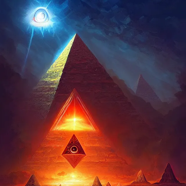 Prompt: the illuminati eye opening up from an orb above a pyramid, a fantasy magical landscape seen in the distance, atmospheric lighting, intricate, volumetric lighting, beautiful, sharp focus, ultra detailed, in the art style of marc simonetti, bowater charlie and brom gerald, astrophotography