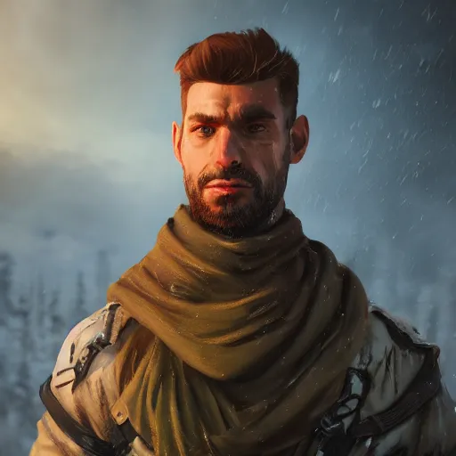 Image similar to A comic book style portrait painting of a male ranger in a a post apocalyptic winter landscape, unreal 5, DAZ, hyperrealistic, octane render, RPG portrait, ambient light, dynamic lighting