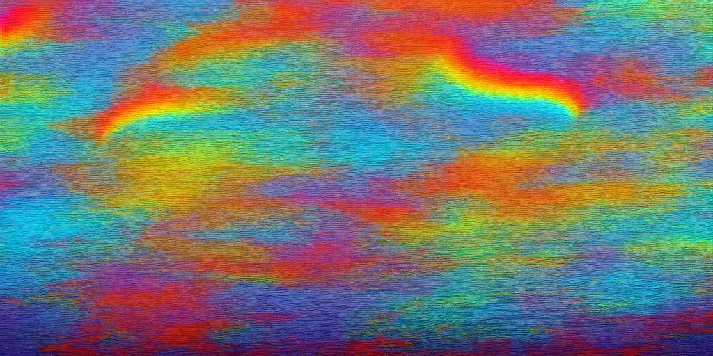 Prompt: ripples on a blank shore, in rainbows, dreamy, solemn