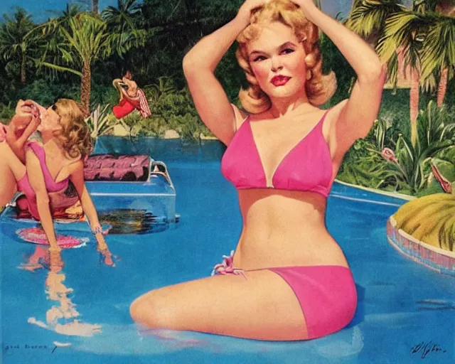 tuesday weld in a pink bikini lounging next to a palm, tuesday weld 