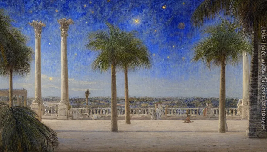 Image similar to a ultradetailed beautiful painting of the night sky of the amazonas palace balustrade designed by jules bastien - lepage, tarsila do amaral, frank weston and gustave baumann, beach, trending on artstation, mediterranean, palm trees, sharp focus, giant greek columns, soft light, 8 k 4 k