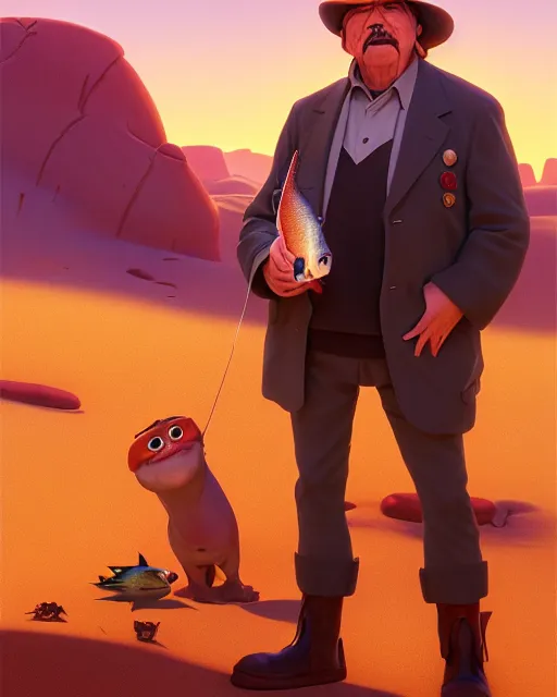 Image similar to disney pixar portrait 8 k photo of captain beefheart standing in the desert holding a fish : : by weta, greg rutkowski, wlop, ilya kuvshinov, rossdraws, artgerm, annie leibovitz, rave, unreal engine, alphonse mucha : :