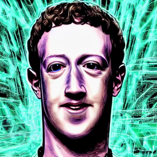 Prompt: mark zuckerberg's brain exploding from the inside out as he is killed by artificial intelligence he himself created, epic comicbook concept art