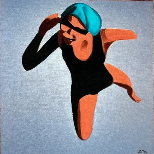 Image similar to acrylic painting on wood of a woman wearing a swimming cap diving from a high diving board into a pool. the pool is out of frame. teal, white, black and grayscale. simple. flat. vintage, mid - century modern