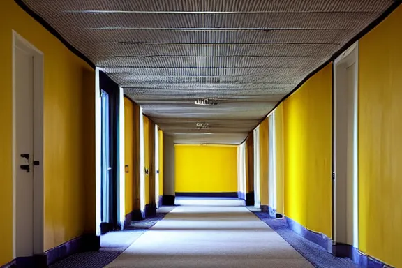 Image similar to an endless space of hallways with old yellow wallpaper from the 1970s lit by fluorescent lights