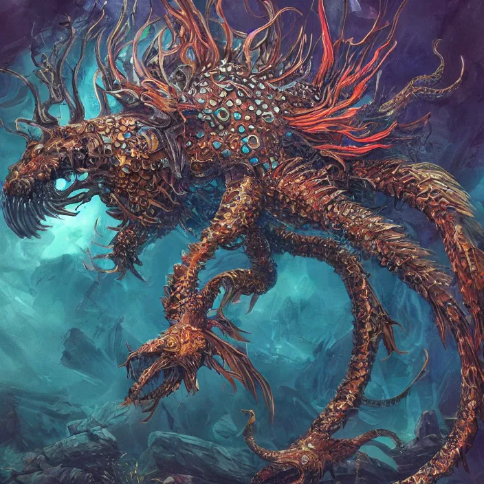 Prompt: underwater sea dragon full body, d & d style, trending on artstation, intricate, highly detailed, vivid painting, colorful, art by yugin maffioli