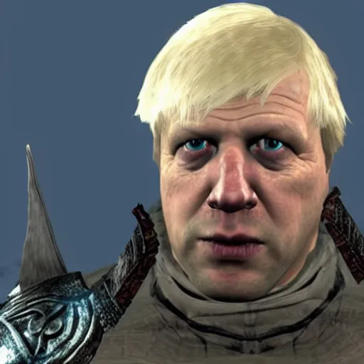 Image similar to boris johnson in skyrim, videogame cutscene