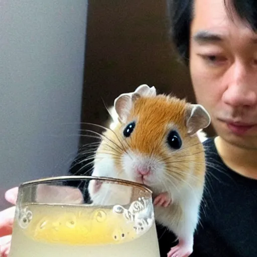 Image similar to japanese hamster samurai drinking beer in big cup