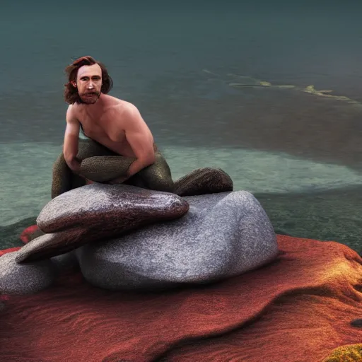 Image similar to Tom Hiddlestone as the little mermaid sitting on a rock in the middle of a lake, hyperrealistic, hyperdetailed, depth of field, High definition, 8k, octane render, artstation