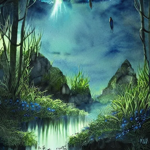 Image similar to beautiful lush natural scene on another planet, with interesting creatures. different than earth but beautiful. lightfall. beautiful detailed artistic watercolor. trending on artstation and deviantart.
