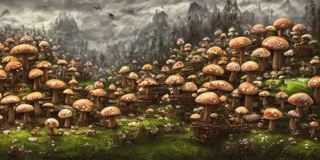 Prompt: mushroom village by max hay, intricate, detailed, photorealistic imagery, artstation