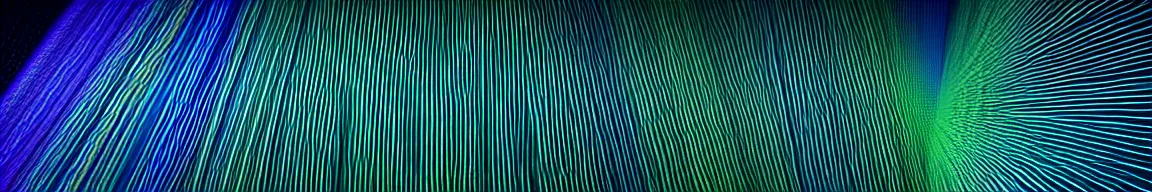 Image similar to abstract art representing data, glowing blue and green neon streaks interwinding on a deep black background