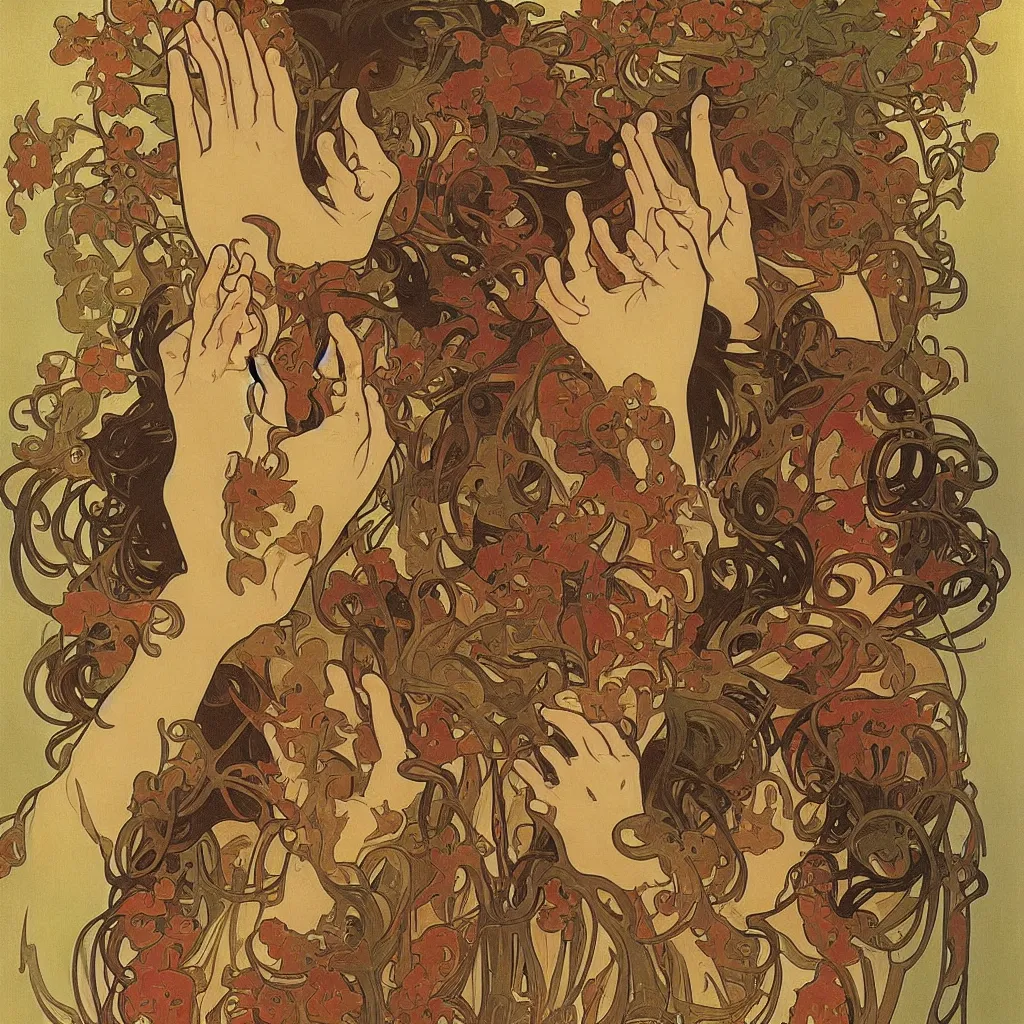 Image similar to too many hands, gnarled, so many hands, fingers, weird amount of hands, by alphonse mucha