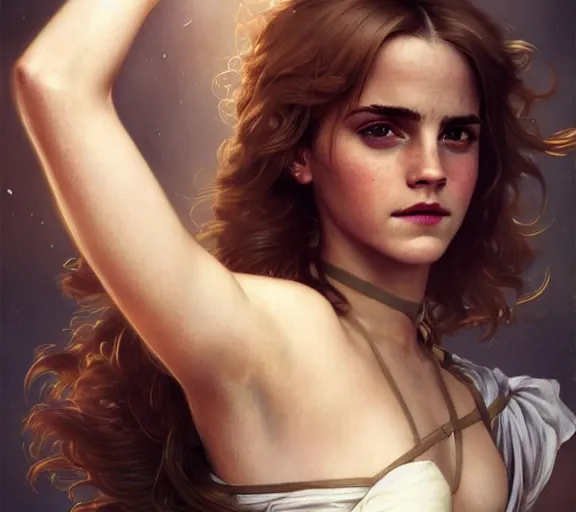 Image similar to photography of emma watson with hands - up and hairy armpits, deep focus, intricate, elegant, highly detailed, digital painting, artstation, concept art, matte, sharp focus, illustration, art by artgerm and greg rutkowski and alphonse mucha and gil elvgren