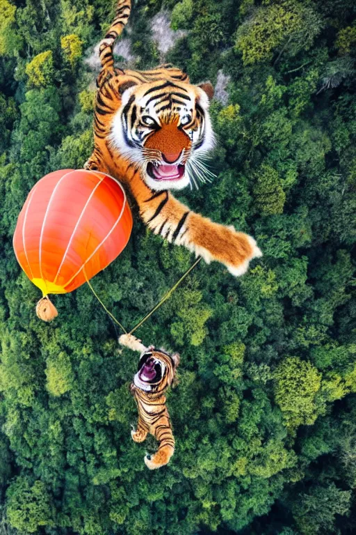 Image similar to cinematic hairy tiger attached to a large open balloon parachute jumping from a mountain cliff. photo captured by a drone. wide angles lens. epic